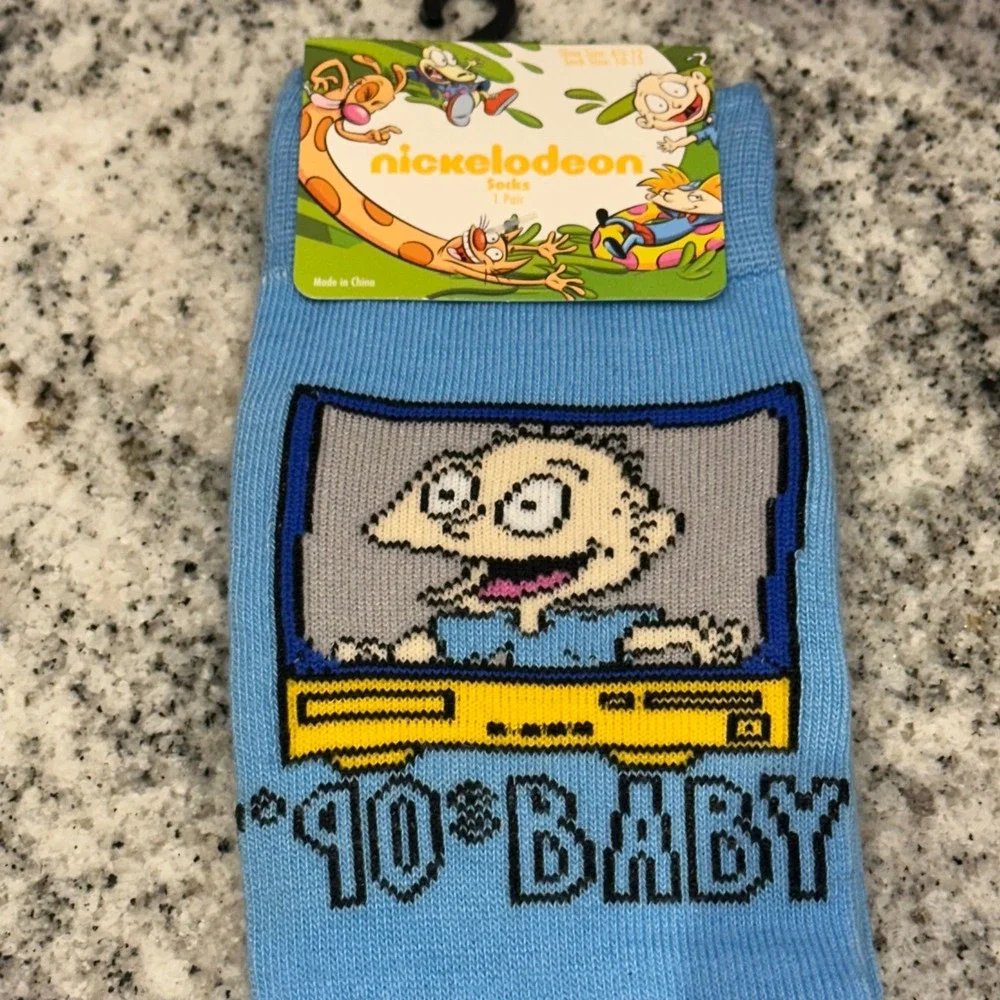 Nickelodeon Mens‎ 10-13 Crew Socks Blue Rugrats Tommy Pickles 90s Baby Retro